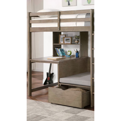 Modern Transitional Twin Over Workstation Loft Bed With Storage Box Attached Ladder Workstation And Bookcase, Warm Grey