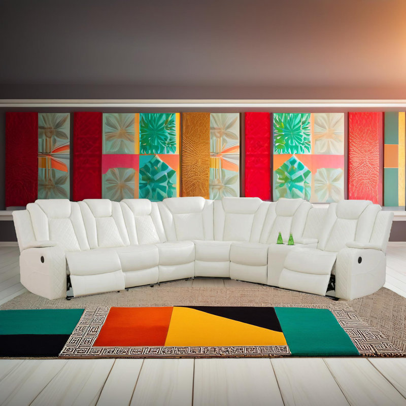 Sterling White Lounge Breathing Leather Living Room Recliner V-Shaped Sofa set 