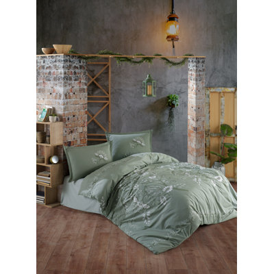 Ensemble de housse de courtepointe 100% coton Ranforce, menthe | Comprend une housse de couette de 55,1 po x 78,7 po et une taie d'oreiller de 23,6 po x 23,6 po | Lavable à la machine, 144 fils, fermeture à boutons | Literie douce et élégante pour les chambres confortables