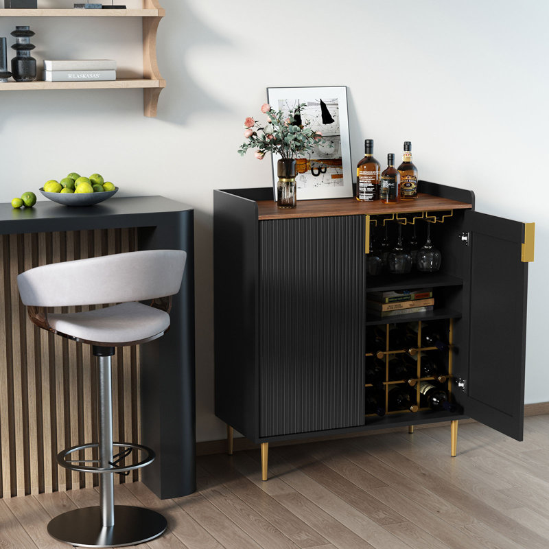 Teaire 31.6'' Modern Coffee Bar Cabinet with Wine Racks and Storage Drawer, Black
