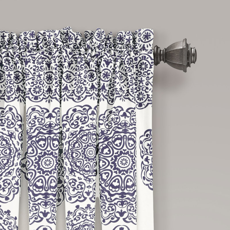 Navy and White Medallion Print Polyester Blackout Window Panels