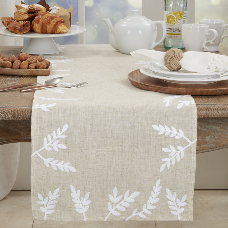 Natural Foliage Embroidery Polyester Table Runner, 16" x 90"