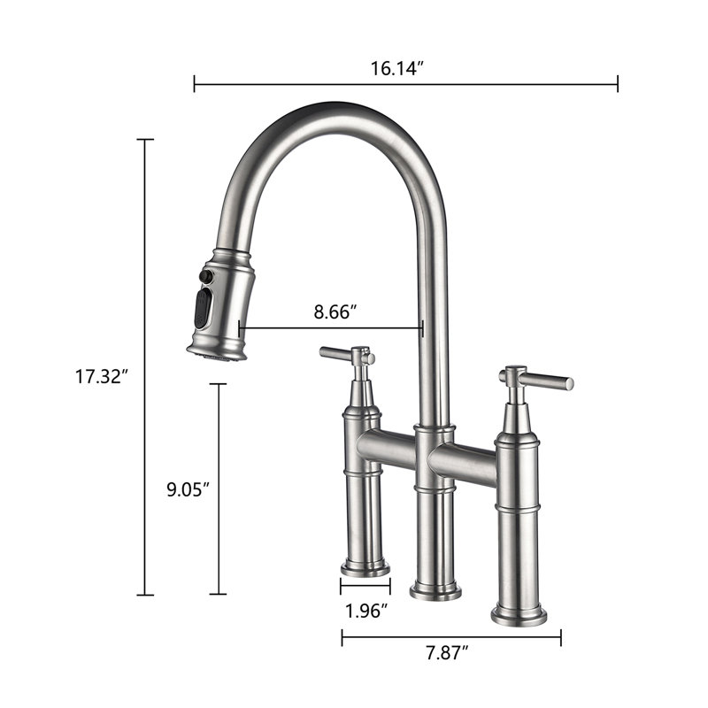 Robinet de cuisine en nickel brossé avec fonction rétractable. Double poignée pour un contrôle précis du débit et de la température. Espace pour évier élargi à 360 ° avec une grande buse rotative. Robinet en laiton. Silencieux éclaboussures d'eau