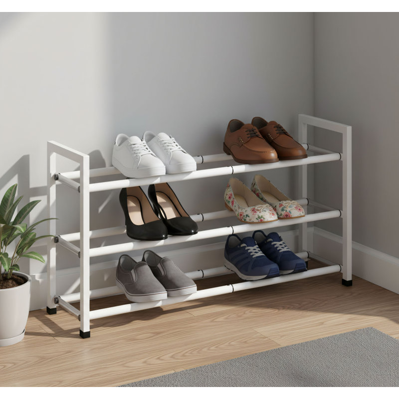 Three-Tier Telescopic Metal Shoe Rack, White, 18-33 Inch Adjustable, Sturdy Shoe Storage Rack For Wardrobes And Entryways.