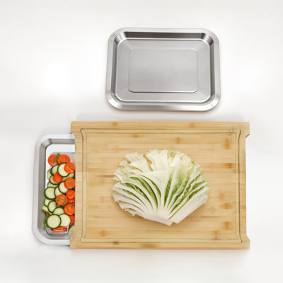 Durable And Eco-Friendly Bamboo Chopping Board With Sliding Stainless Steel Trays - Large Organic Wooden Cutting Board