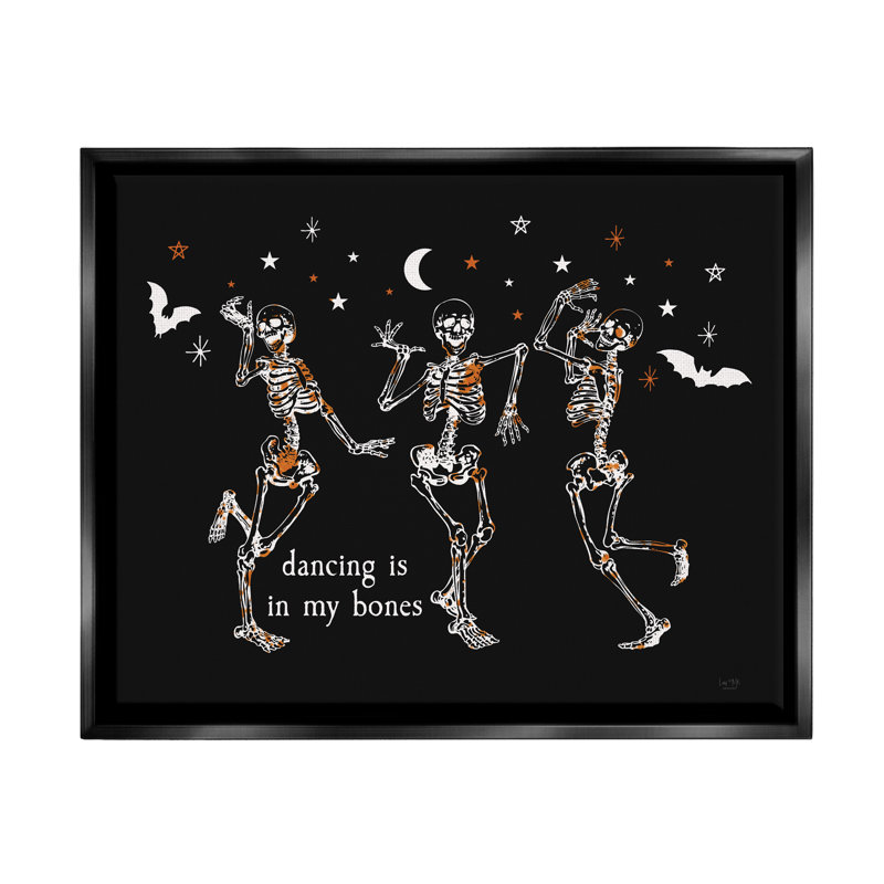 «Dancing In My Bones Skeletons» encadré sur bois par Lux + Me Designs, impression, Cadre flottant noir de jais