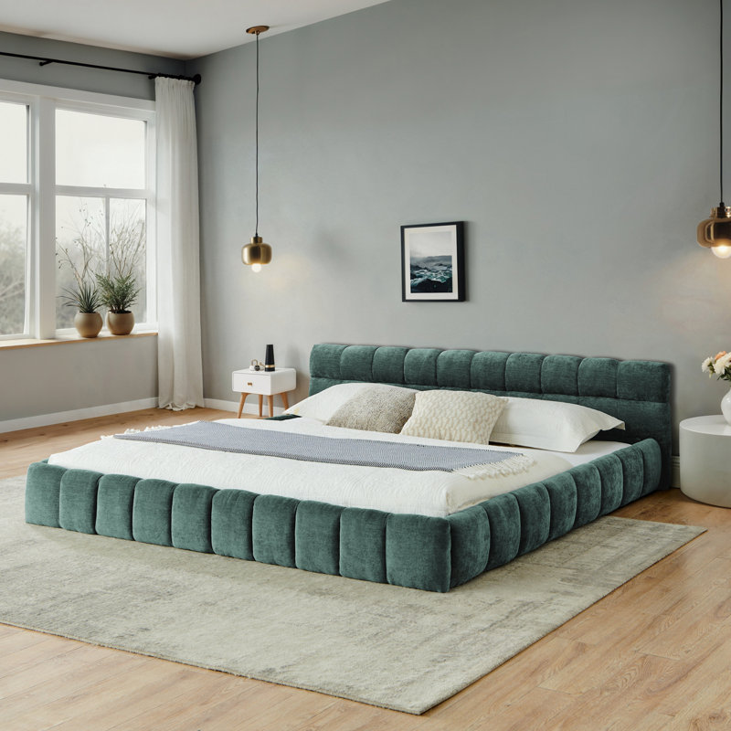 Très grand lit californien rembourré avec tissu épais, tête de lit et cadre uni Lillie, Bleu et vert