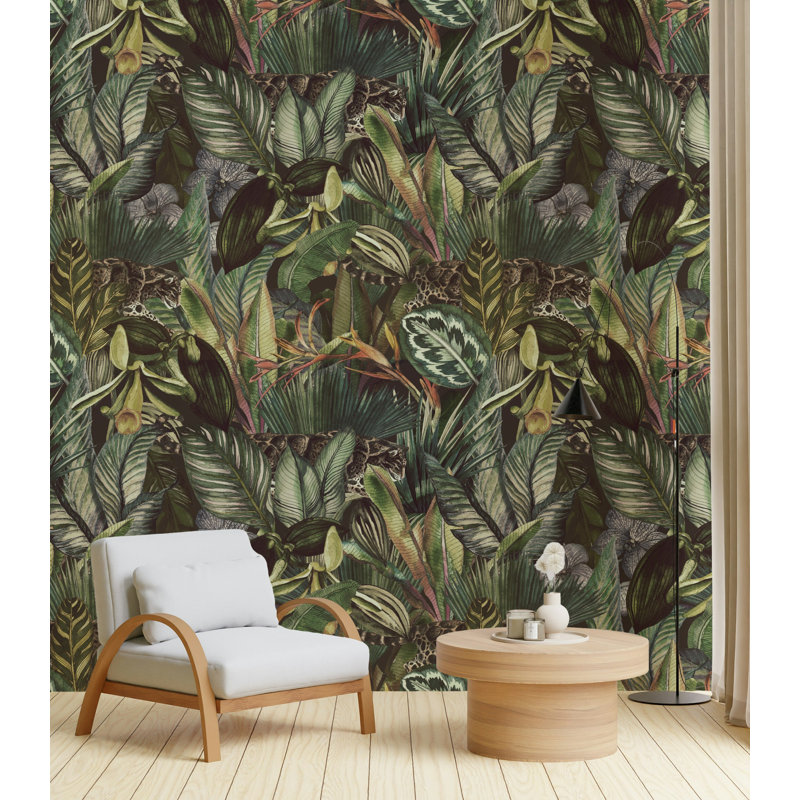 Papier peint léopard jungle tropicale foncé feuilles vertes, L 114,96 po x l 225 po