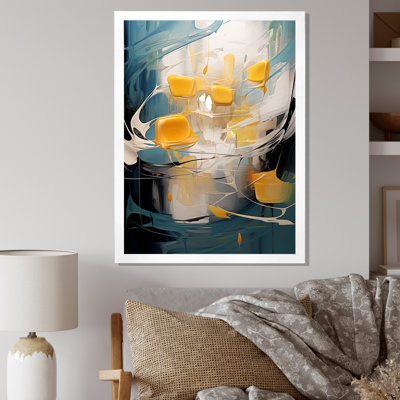 Sudden Happiness abstrait bleu sarcelle et jaune - peinture abstraite, impressions d'art mural