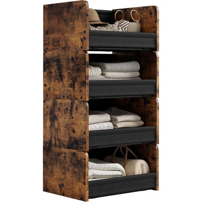 Organisateur de garde-robe empilable à 4 niveaux et tablettes de rangement, tiroirs en bois et en métal robustes, support de rangement vertical facile à assembler, conception moderne peu encombrante