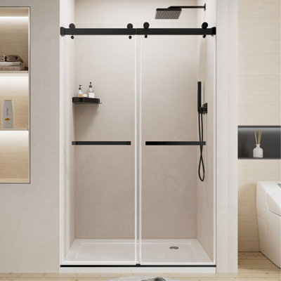 44-48" W x 76" H Frameless Double Sliding Shower Door, Premium 1/4" (6mm) Thick Tempered Glass With Explosion-proof Film, Stainless Steel, Matte