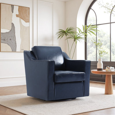 Bronnen Big And Wide Upholstered Navy Faux Leather Cushion Swivel Armchair with Removable Back and Seat Cushion