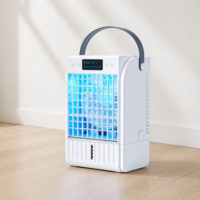 Mini refroidisseur d'air à évaporation 4-en-1, ventilateur de bureau portatif 7 po x 6,7 po x 11,1 po avec réservoir de 1,5 L, humidificateur et lumière RVB pour le bureau de la chambre à coucher
