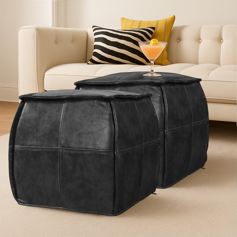 Full-Grain Genuine Leather Square Pouf With Patchwork Design (Set Of 2), Noir