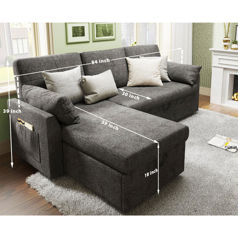Baerl 84" Sofa Bed Pull Out Bed with Storage Chaise, Gray Chenille