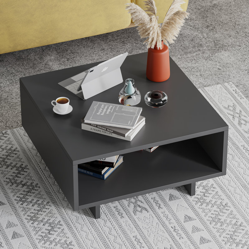 Sled Coffee Table with Storage Modern Square Design with Open Compartment, Antracite, Antracite
