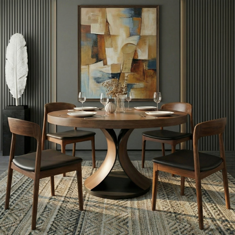 Mid-Century Solid Wood Round Yairi Kitchen Room For 2-8 People(1 Table With 2/4/6 Chairs), 5, 29.52"H x 59.05"L x 59.05"W