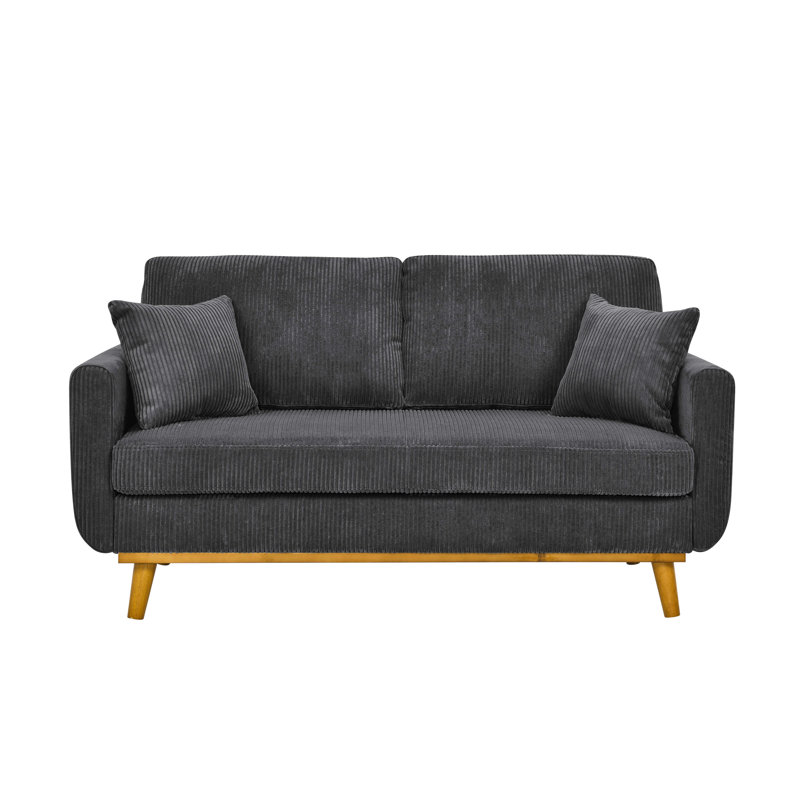 Velours côtelé gris Mid-Century 2 places avec pieds fuselés, accoudoirs évasés, structure en bois massif et coussins décoratifs pour les espaces compacts de style gris, avec appartements