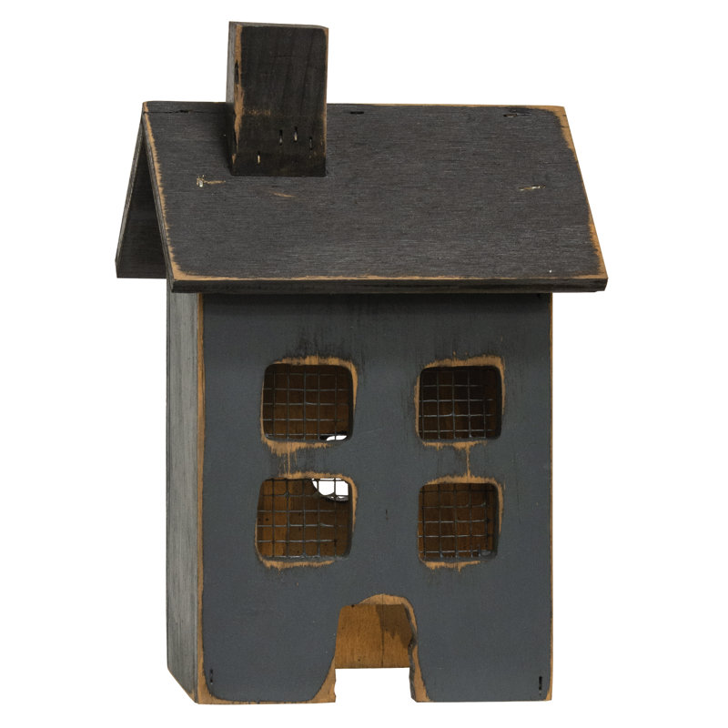 Distressed Wooden Small Blue Light Up House, Gray/Black