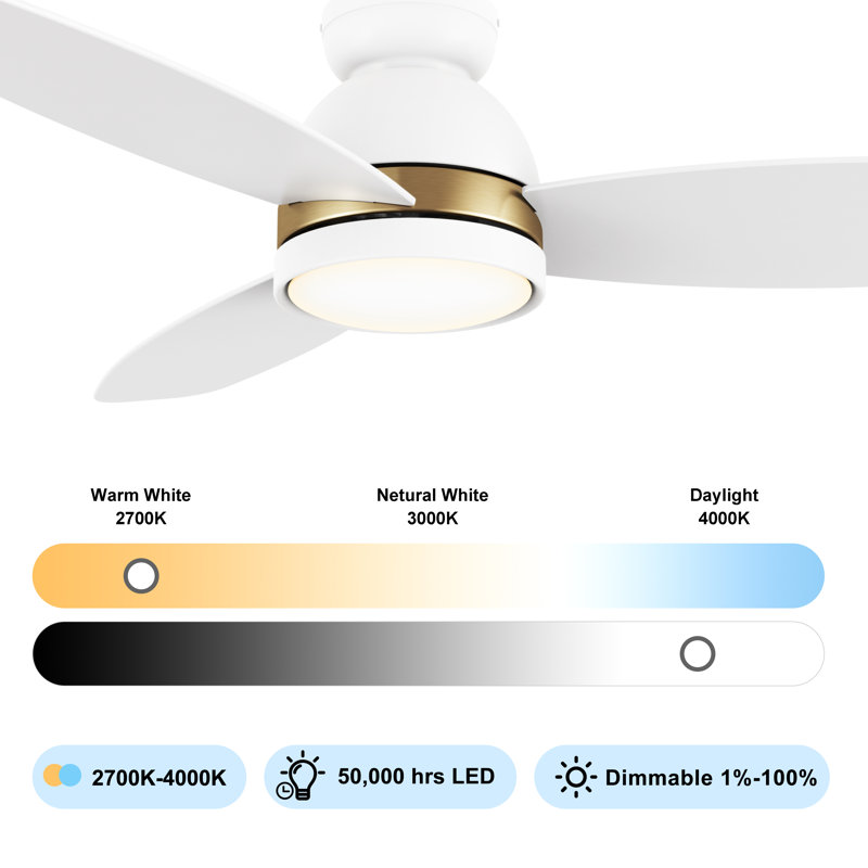 Smart DC Motor Ceiling Fan with LED Light, Remote Control, Flush-Mount, 48", White