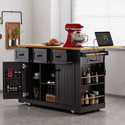 Ensemble d'îlot de cuisine 53 pièces 3 pièces avec 2 tabourets de bar, abattant, 3 prises de courant et 2 ports USB, supports de porte internes, 5 tablettes latérales