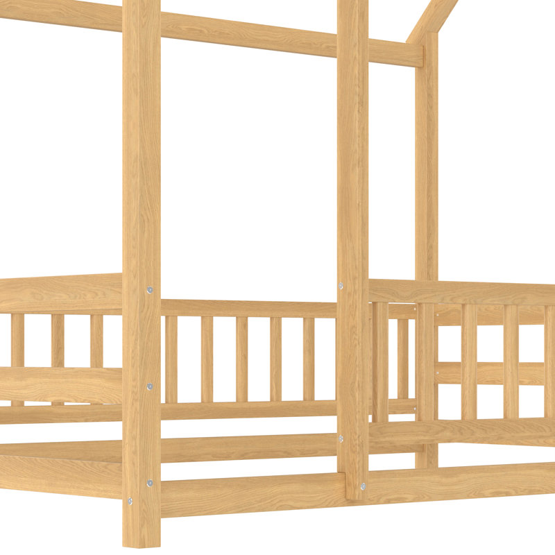 Lit en bois pleine grandeur avec cadre de toit de maison, garde-corps de sécurité très haute, Lit double, Or