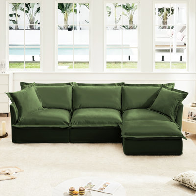 Canapé modulaire en L avec housse en L, canapé-lit en chenille confortable avec repose-pieds convertible et 2 gros coussins, ensemble de canapé moderne surdimensionné à 3 places pour bureau de salon, vert
