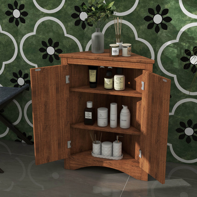 Armoire de rangement autoportante triangulaire pour salle de bain avec tablettes réglables, Brun