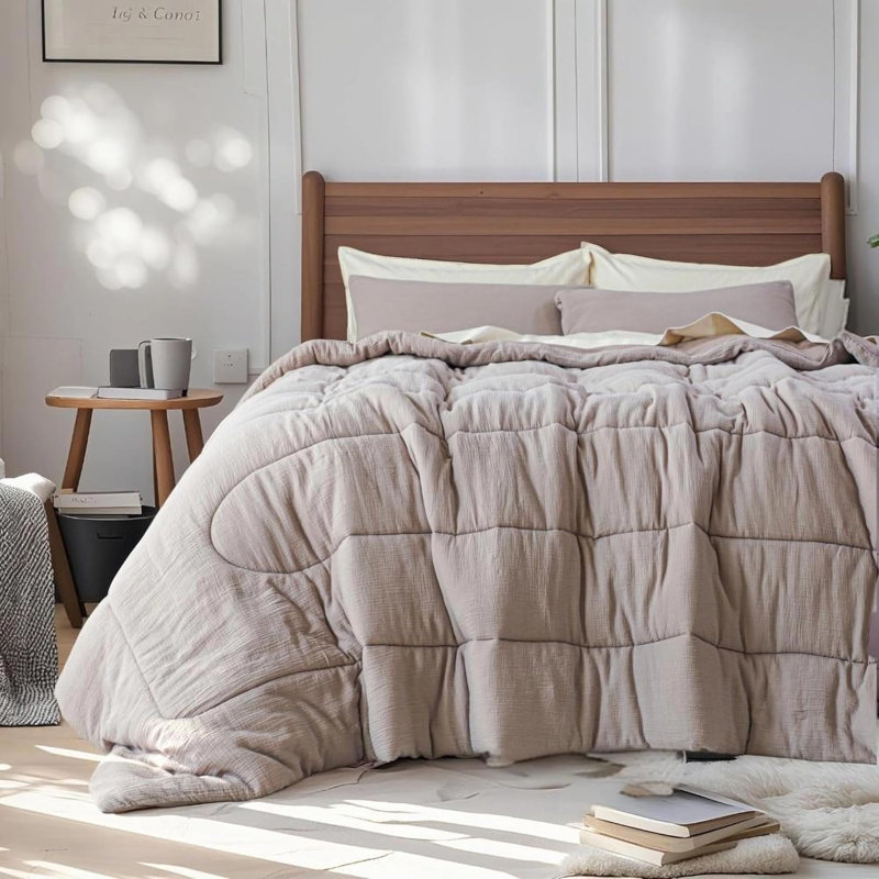 Ensemble d'édredon 100% coton mousseline, Édredon très grand + 2 taies décoratives très , Gris / Brun