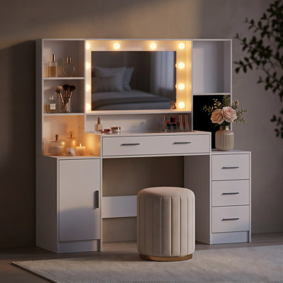 Vanity Desk with Mirror and Lights, Makeup Desk with Jewelry Organizer, Makeup Vanity with Glass Top, Dressing Table with Drawers and Shelves for Bedroom, White, 140 cm(W)× 137.9 cm(H)