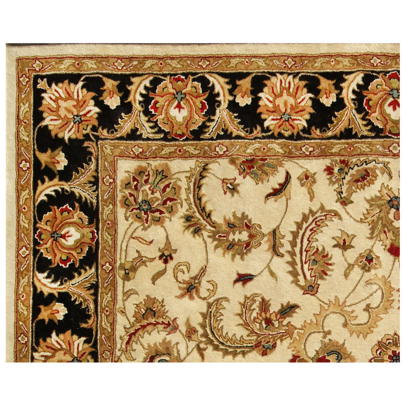 Tapis persan ivoire et noir en laine touffeté à la main de conception classique 5 pi x 8 pi