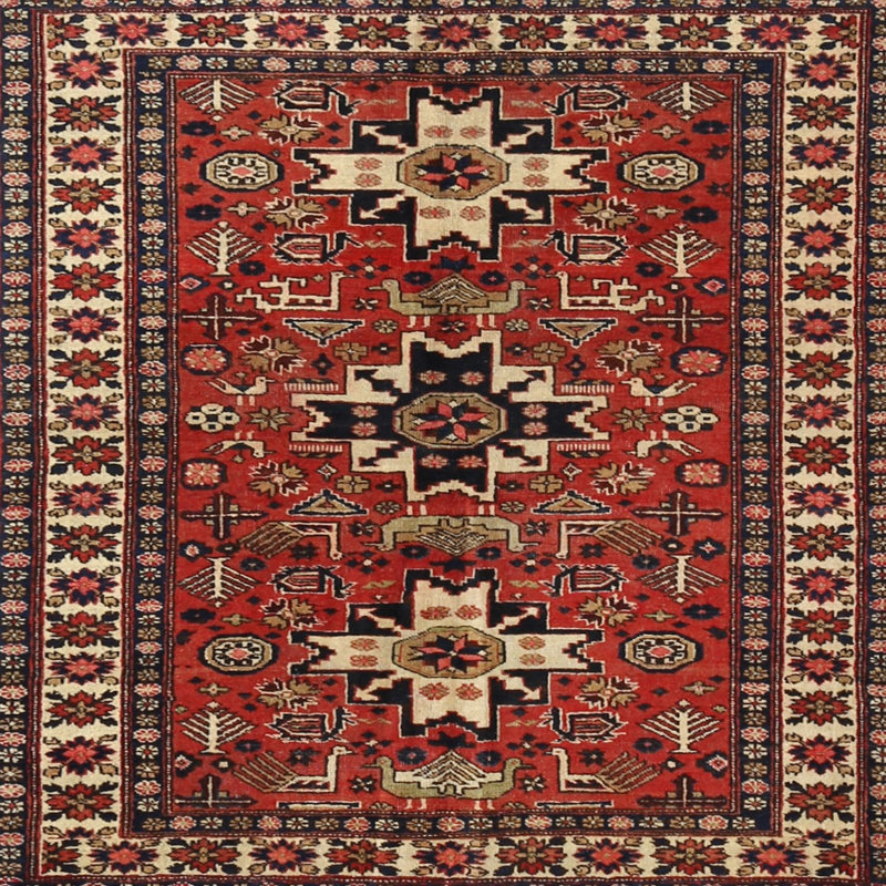 Tapis rouge/beige/noir traditionnel, Carré 3 pi