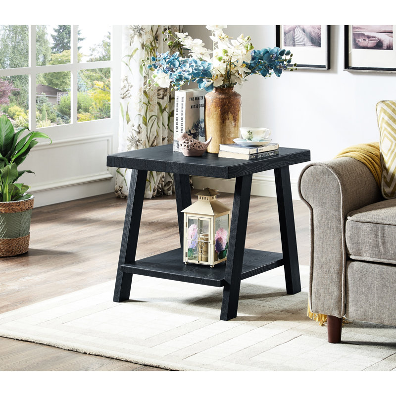 Black Finish Contemporary Wood Table - Hard Veneer Top & Convenient Shelf End With For A Stylish Decor, Black, Black