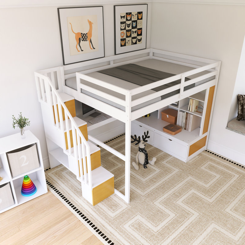 Full Size Wood Frame Loft Bed With Storage Staircase, Natural/White