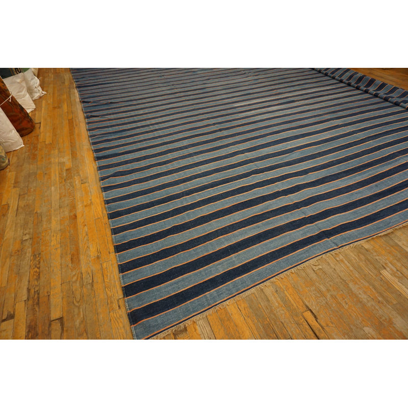 Large Square Flatwoven Blue Color Antique Striped Dhurrie Rug