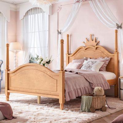 Full Size Crown Shaped Platform Bed, Four Poster Stylish Wooden Bed Frame, Elegant Curved Headboard Bed Frame For Bedroom