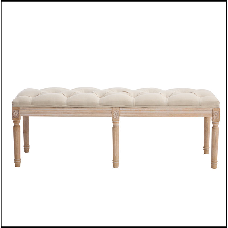 Banc rembourré capitonné avec pieds en bois vieilli, Crème