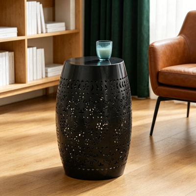 RUBY Side Table, Lace Cut Metal End Table For Outdoor & Indoor Use, Barrel Shape Accent Table With No Assembly Needed For Garden, Patio, Living Room, Backyard Decor,Black Colour