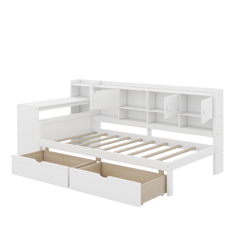 Twin Size Wooden L-Shape Daybed With Cabinets And Two Storage Drawers, Multi-Functional Bed With Study Desk And Built-In Bookshelf