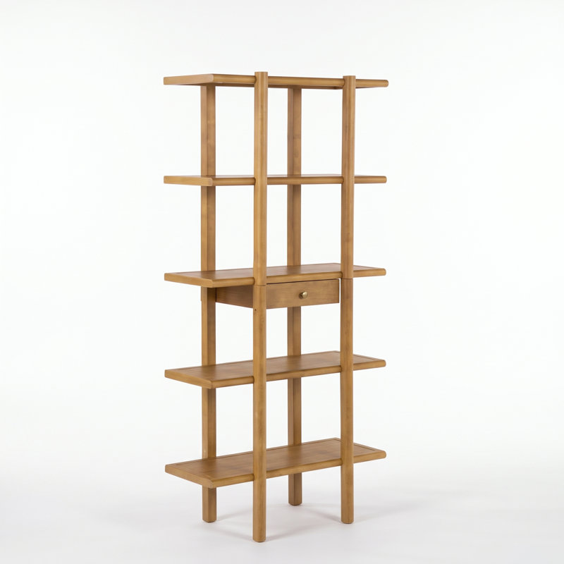 Bibliothèque moderne à 5 niveaux avec tiroir de rangement, courbes sculptées et tablettes réglables Eden, Marron clair