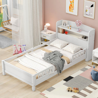 White Twin Platform Bed With Led , Storage Headboard And Secure Guardrails Size Guardrail In - Offer A Convenient Bedroom Setup