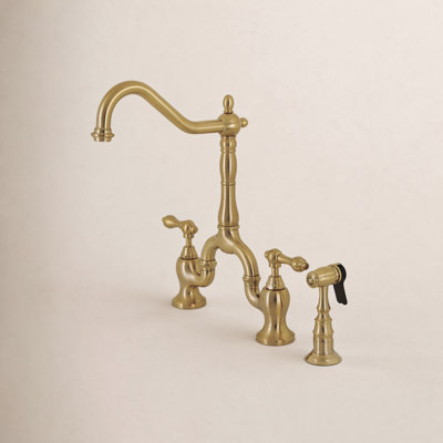 Kingston Brass English Country Two-Handle 3-Hole Deck Mount Bridge Kitchen Faucet with Brass Side Sprayer