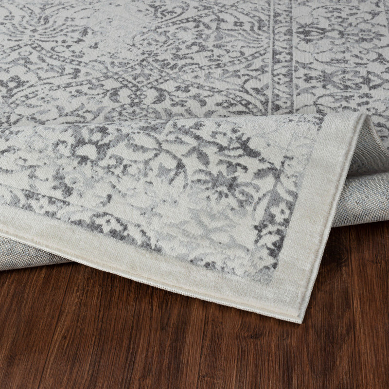Slate Traditional Rug, Bordered Floral Stain Resistant Easy to Clean Rug For Living Room, Dining Room, Bedroom
