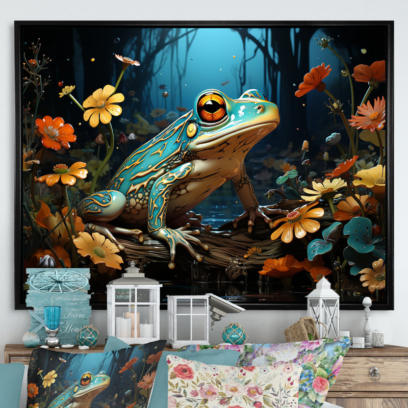 Représentation abstraite de grenouille verte - impression, H 30 po x l 40 po x P 1,5 po, Cadre flottant noir