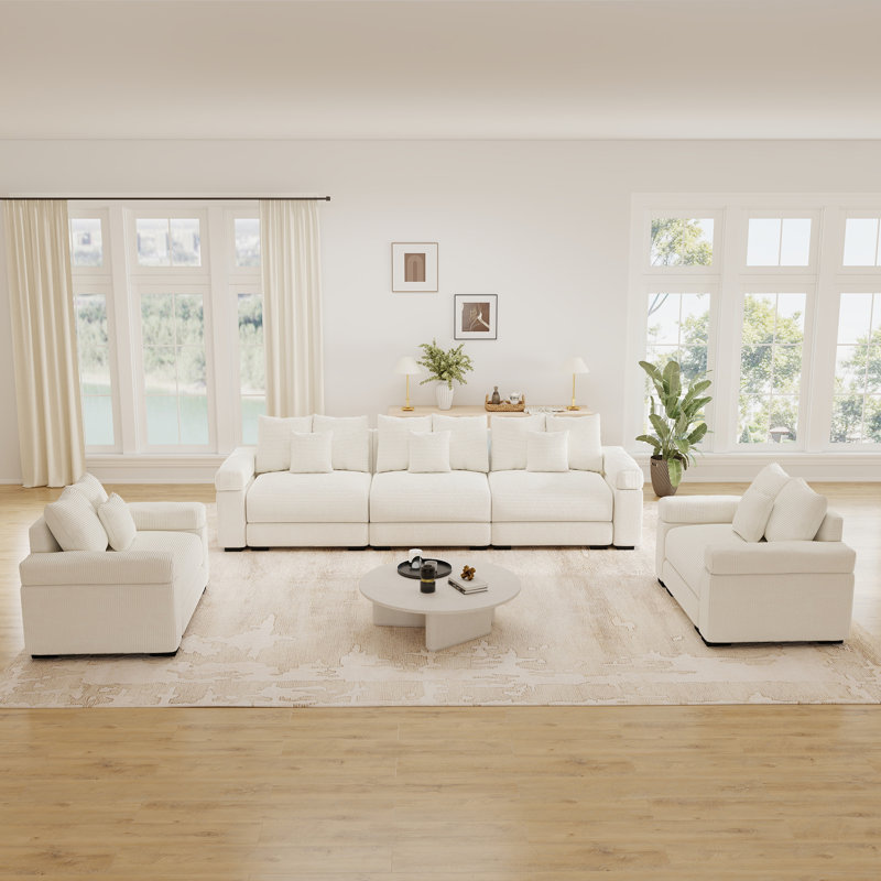 Ensemble de salon modulaire de 5 pièces, canapé d'angle moderne en velours côtelé avec canapé et fauteuil, Blanc