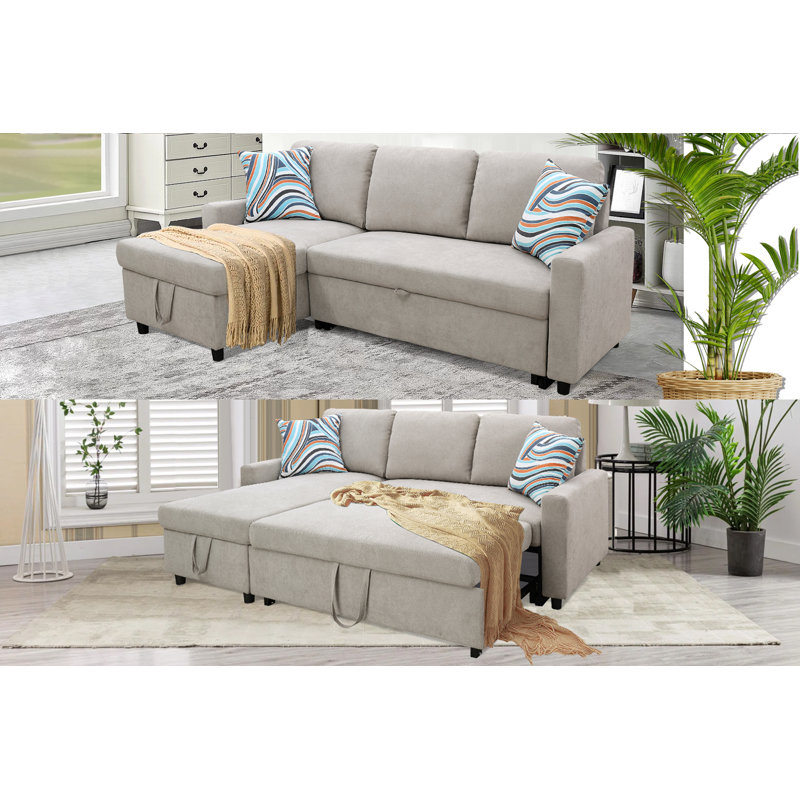 Sebella Upholstered L-Shaped Sectional Reversible, Gray/White Linen Blend