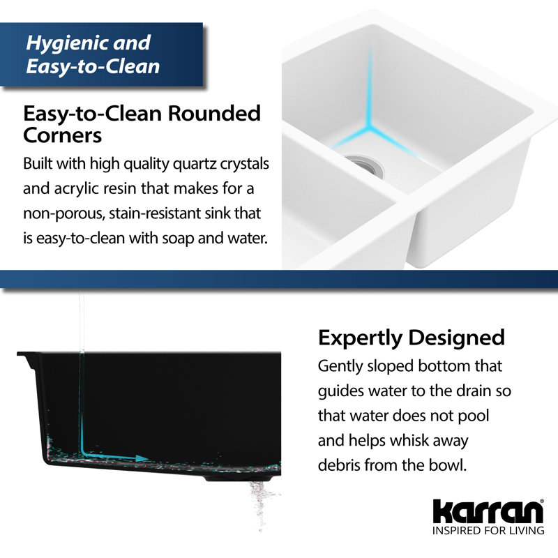 Karran Undermount Quartz Composite 32'' X 19-1/2'' 60/40 Double Bowl Kitchen Sink, White