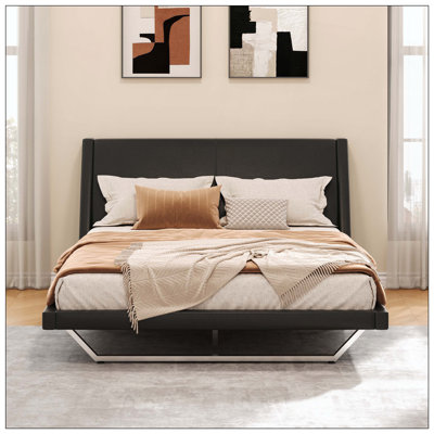 Upholstered Bed Frame With Pu Leather Platform, Wave-Like Curve Design, Trapezoidal-Shaped Leg And No Box Spring Needed