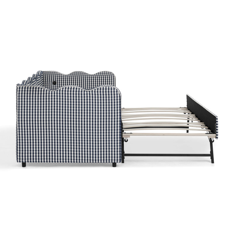 Cozy Gingham Daybed With Trundle Twin Size Sofa Bed No Box Spring Needed, With USB Port And Adorable Wave Shaped, Linen Fabric, Navy