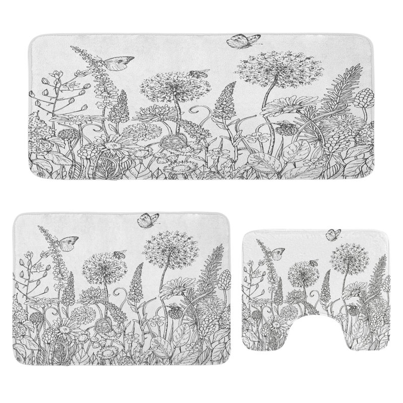  Ensemble de tapis de salle de bain Floral 3 pièces en U et tapis rectangulaires blanc gris